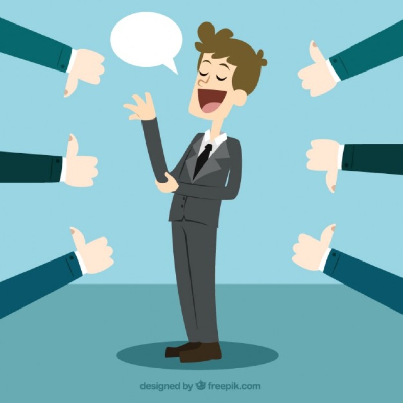 A man speaks and gets a thumbs up or down rating
