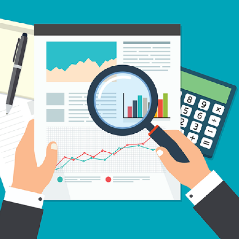 Man searches with magnifying glass on an analysis overview