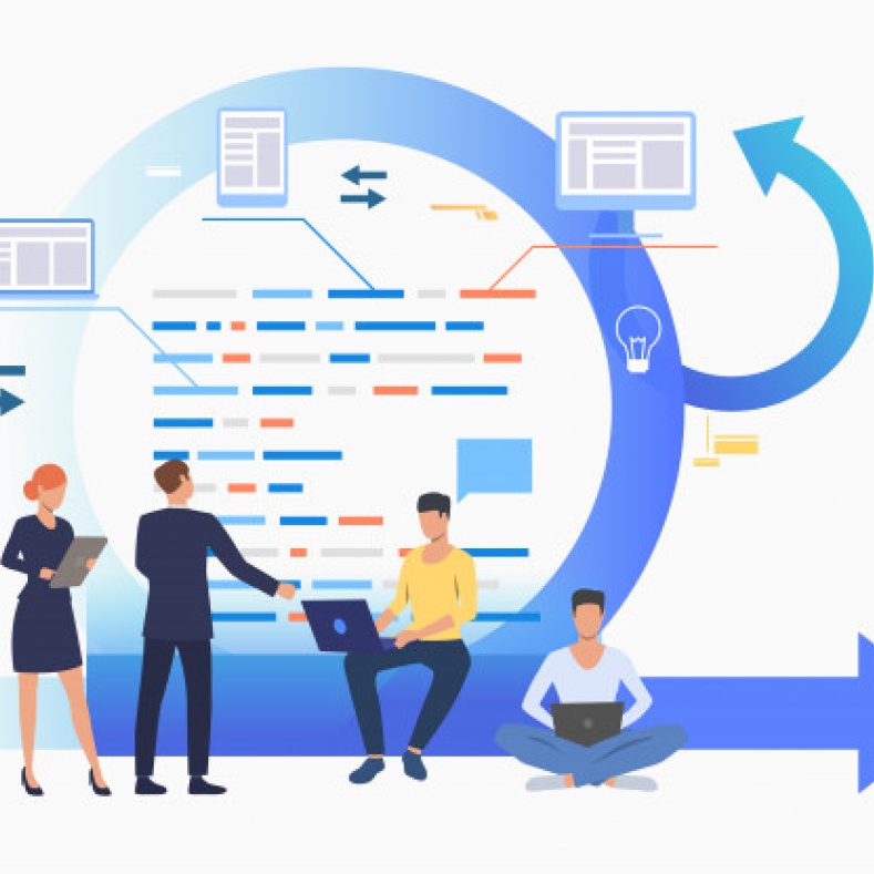 People in front of an overview with data